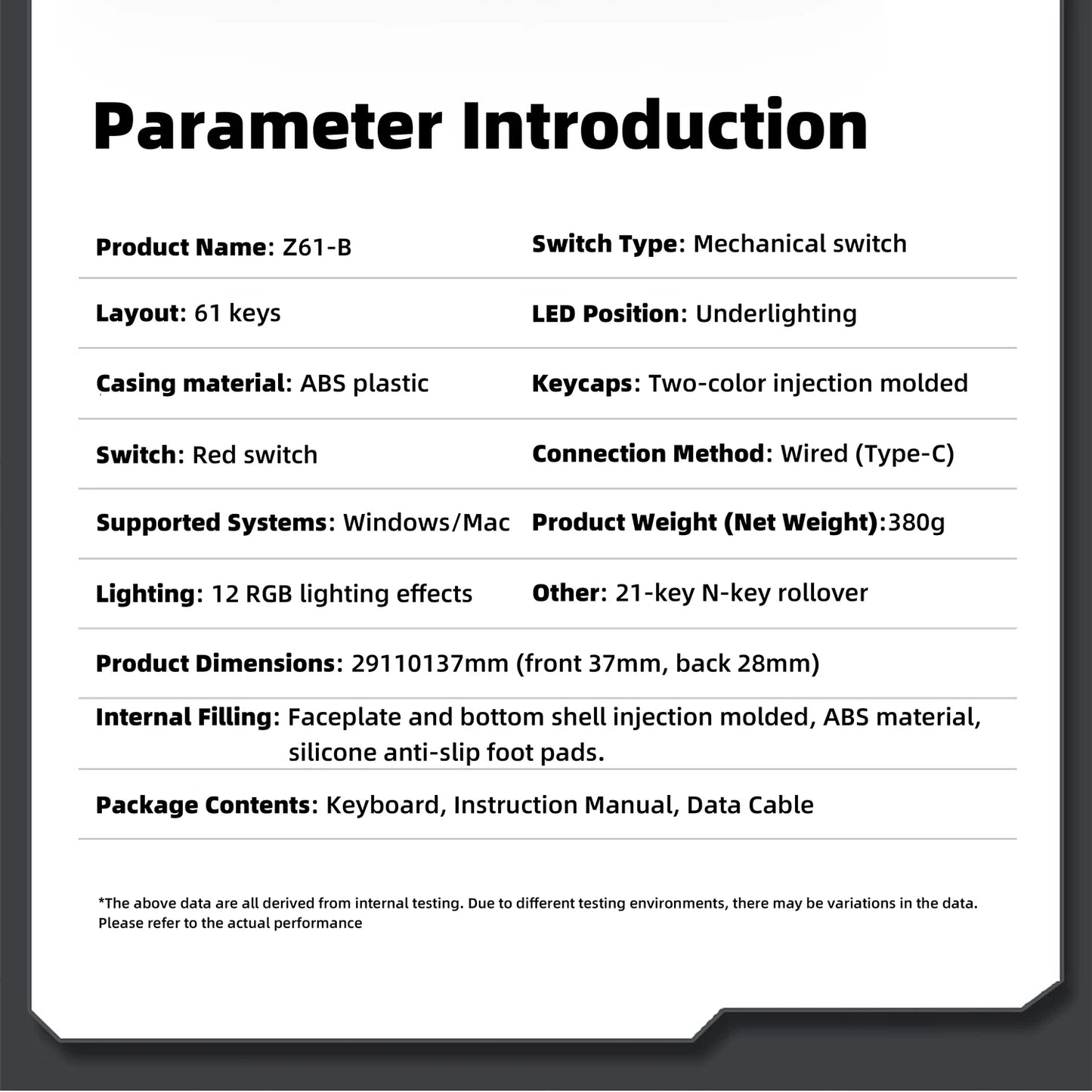 ZSUS Z61-B USB Gaming Mechanical Mini Keyboard Red Switch RGB Backlit 61 Keys Wired Feel for Game/Office