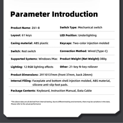 ZSUS Z61-B USB Gaming Mechanical Mini Keyboard Red Switch RGB Backlit 61 Keys Wired Feel for Game/Office
