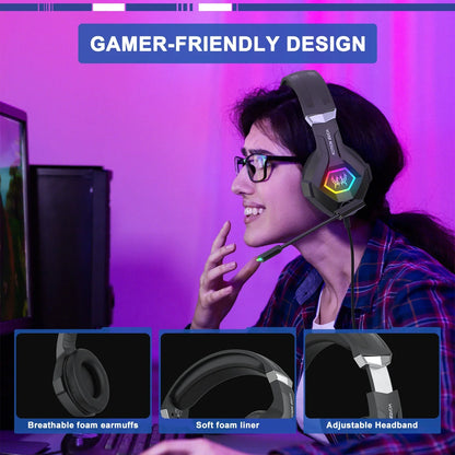 Wired Gaming Headset with Noise Cancelling Mic Compatible With PC PS4 PS5 Xbox Surround Sound RGB Light Over Ear Design