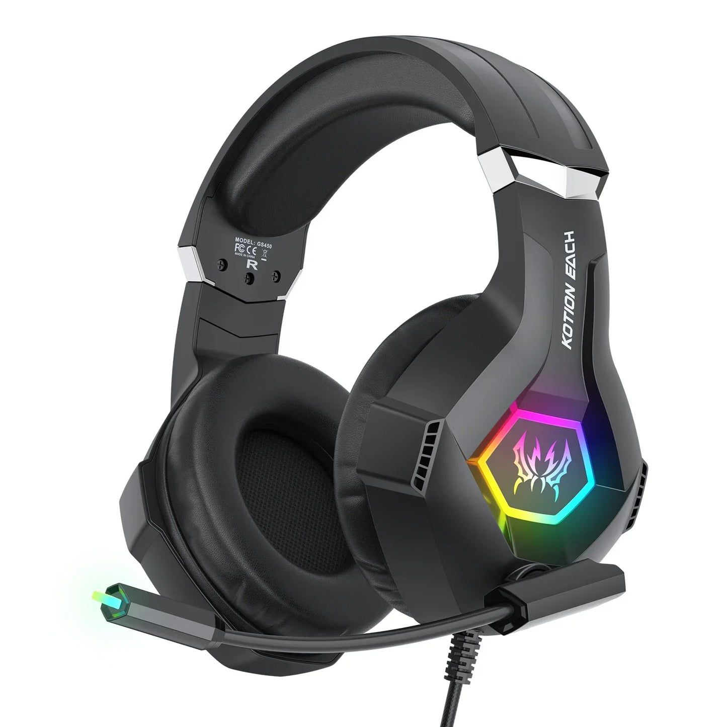 Wired Gaming Headset with Noise Cancelling Mic Compatible With PC PS4 PS5 Xbox Surround Sound RGB Light Over Ear Design