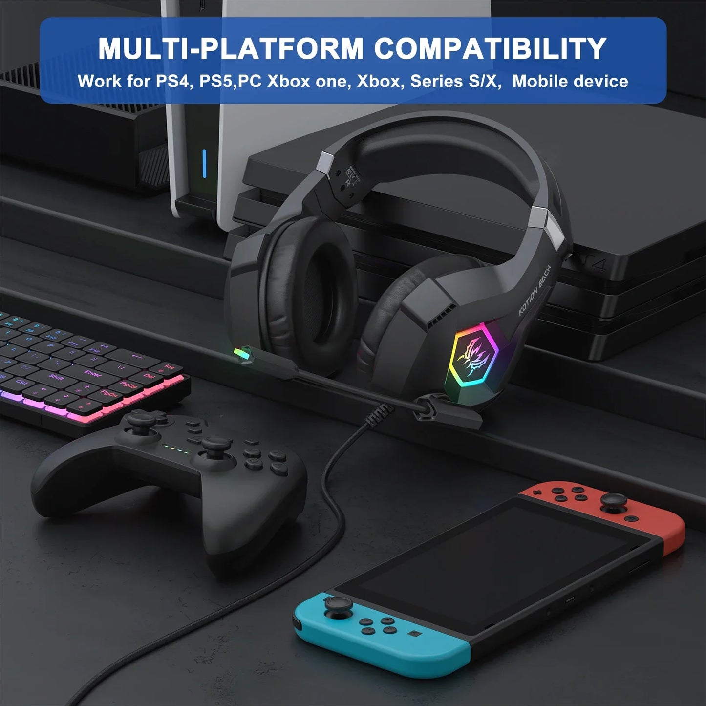 Wired Gaming Headset with Noise Cancelling Mic Compatible With PC PS4 PS5 Xbox Surround Sound RGB Light Over Ear Design