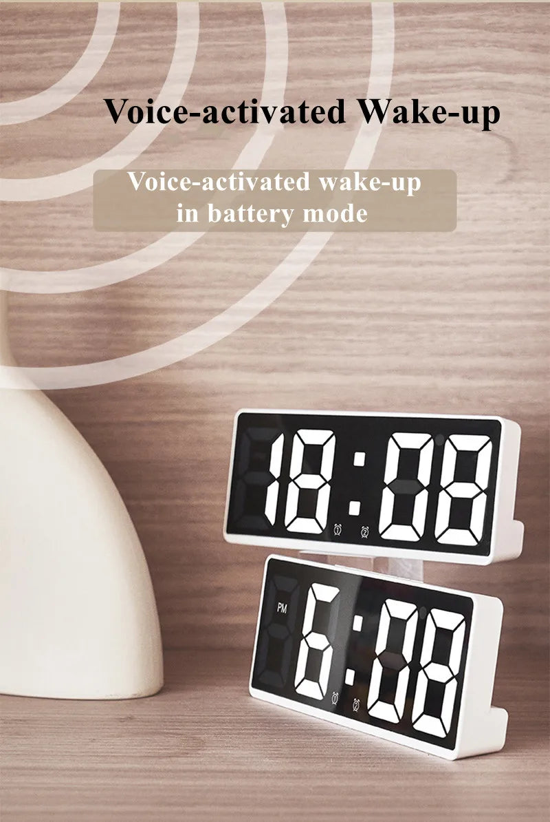 Voice Control Digital Alarm Clock Teperature Snooze Night Mode Desktop Table Clock 12/24H Anti-disturb Funtion LED Clocks Watch