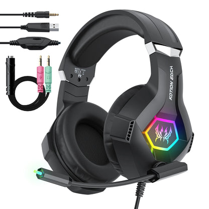 Wired Gaming Headset with Noise Cancelling Mic Compatible With PC PS4 PS5 Xbox Surround Sound RGB Light Over Ear Design