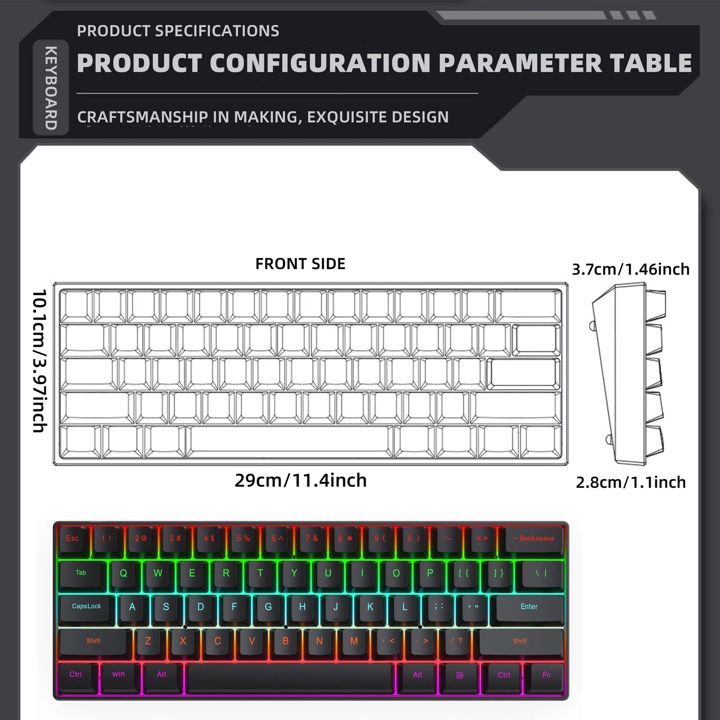 ZSUS Z61-B USB Gaming Mechanical Mini Keyboard Red Switch RGB Backlit 61 Keys Wired Feel for Game/Office