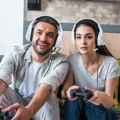 Wired Gaming Headset with Noise Cancelling Mic Compatible With PC PS4 PS5 Xbox Surround Sound RGB Light Over Ear Design